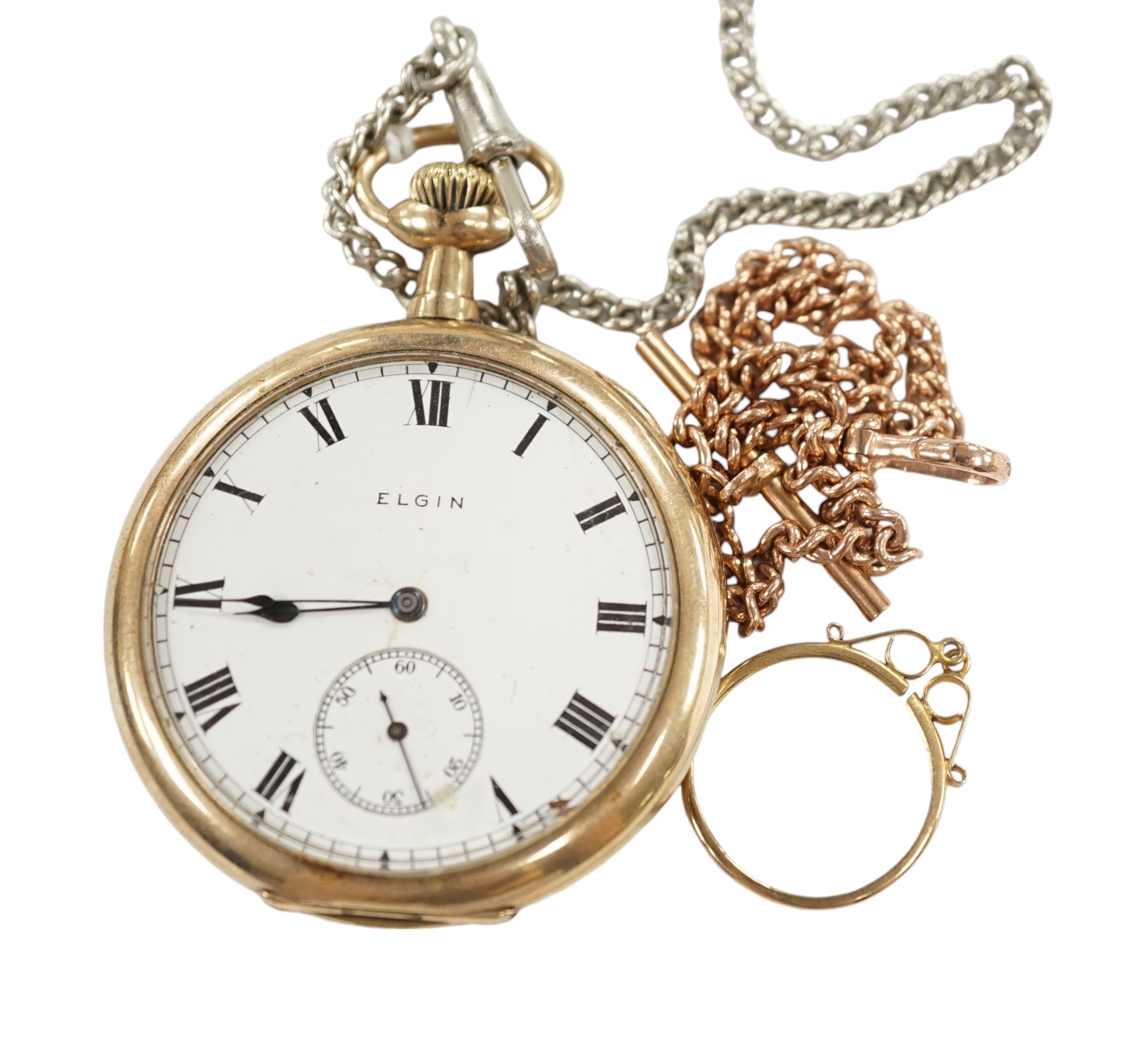 A 9ct gold albert, 21.7cm, 9.4 grams, together with an Elgin gold plated open face pocket watch with a white metal chain, a 9ct T-bar and a 9ct gold pendant mount. Condition - poor to fair